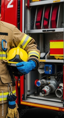 Firefighter in uniform holding helmet next to fire truck equipment