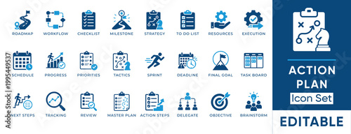 Action plan and business strategy solid icon set. Includes symbols for Workflow, Milestone, Execution, and Delegate. Solid vector icons for project management and corporate sprint.