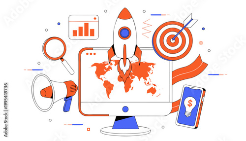 Global Business Launch Concept with Rocket, World Map, and Marketing Icons on Computer Screen.eps