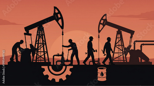 Oil industry workers silhouette working on pump jacks at sunset.