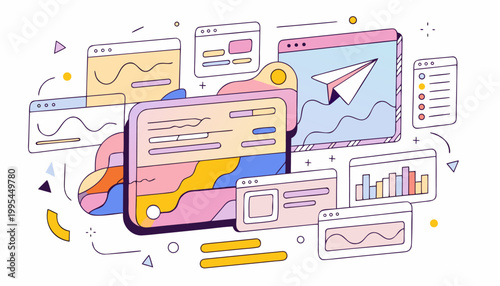 Abstract Digital Workspace Illustration with Floating UI Windows and Paper Plane Icon.eps