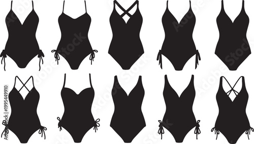 Black swimwear silhouettes in various styles isolated on transparent background, Vector