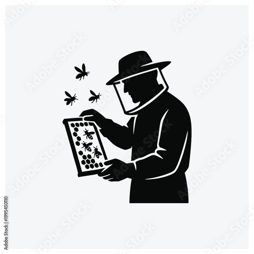 Silhouette of a beekeeper showing bee activity on a frame.