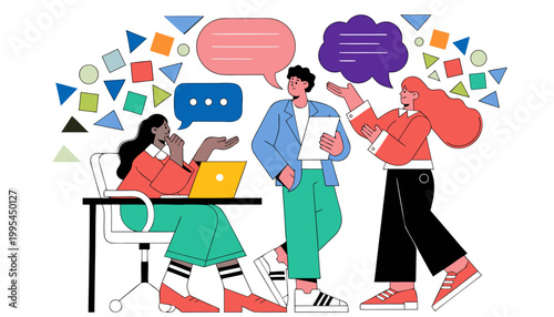 Dynamic Business Collaboration Diverse Team Brainstorming with Abstract Thought Bubbles and Geometric Elements in Flat Vector Style.eps