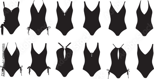 Black swimsuits and one piece designs collection isolated on transparent background, Vector