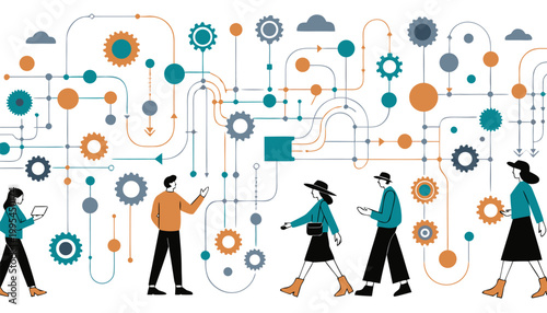 Abstract Business Networking Concept with Flat Vector Professionals and Interconnected Gear Systems.eps
