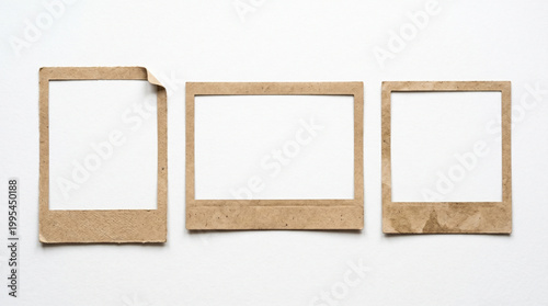 Vintage instant photo frame set, distressed brown paper polaroid border collection, antique cardboard picture frame mockup, retro photography layout template, old blank paper borders on white