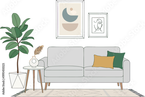 Modern living room interior with minimalist decor in soft pastel colors for home staging Isolated on white background