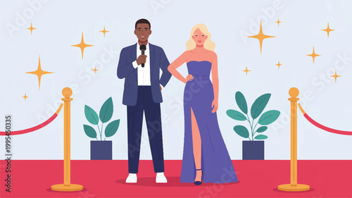 An elegant couple poses on the red carpet at a glamorous awards event.