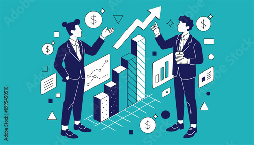 Isometric Business Growth Concept with Professionals Analyzing Financial Success Bar Charts and Upward Arrow.eps