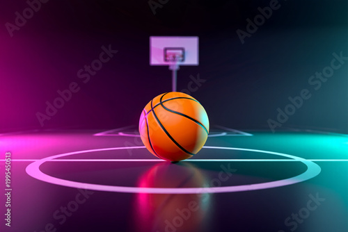Single Basketball on Reflective Court with Neon Lighting and Minimal Hoop
