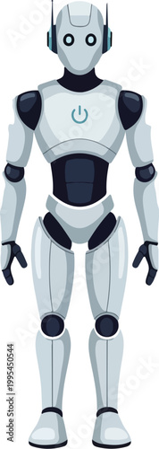Modern robot character with blue power symbol on white and black body standing alone on plain background