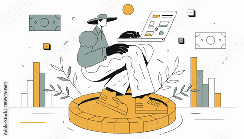 Creative Business Strategy Illustration in Flat Vector Style with Character Sitting on Large Coin.eps