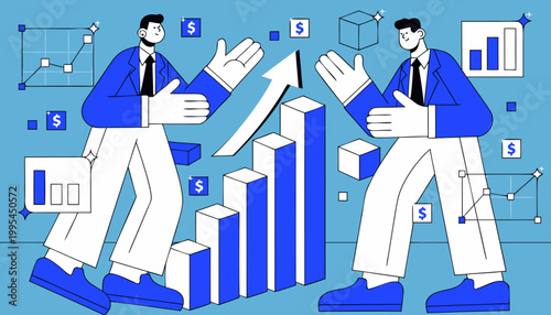 Modern Flat Vector Illustration of Corporate Team Planning Strategy and Global Revenue Increase on Teal Background.eps