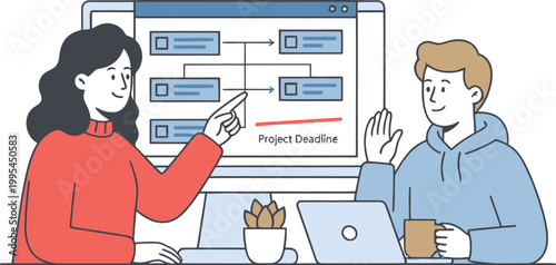 Two business colleagues discussing project deadline in animated flat design with blue and red colors in office setting for business presentation Isolated on white background