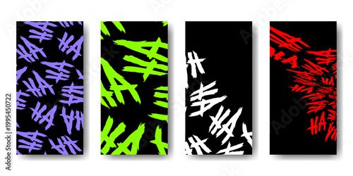 Set of colorful Joker laughing text banners on black background. Gritty "HA HA" font backgrounds for social media stories and comic posters. Vector illustration.