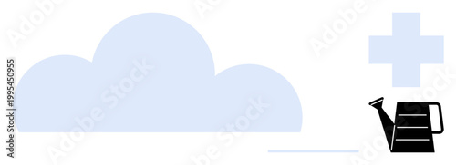 Sustainability, healthcare, wellness, nurturing, environmental care, and growth. A cloud, a watering can and a healthcare cross are displayed. Sustainability and healthcare