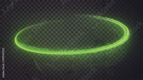 A glowing green particle trail forms a circular path in a dark space with a slight curvature and a vibrant luminous effect.