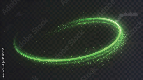A vibrant green glowing ring shines brightly in a dark setting with sparkling particles.