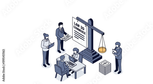 Isometric Illustration of Legal Professionals Discussing Law and Commerce.