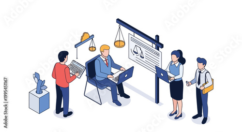 Isometric Illustration of Legal Professionals Working Together on Cases.