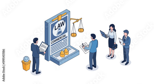 Isometric Illustration of Legal Professionals Reviewing Commercial Law Documents.