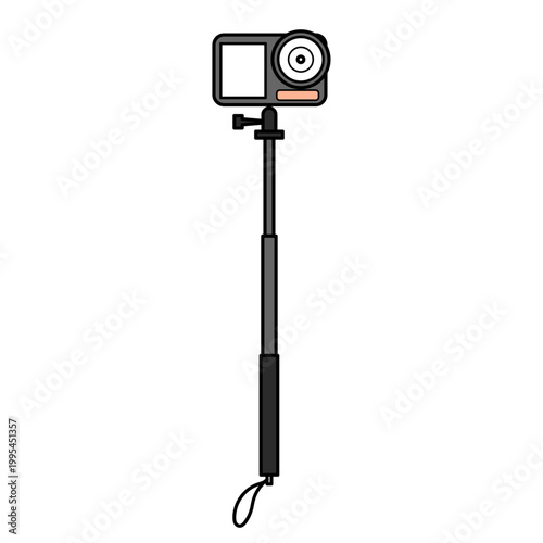 自撮り棒に装着されたアクションカメラがこちらを向いている様子｜アウトドアや旅行の動画撮影に便利なウェアラブルカメラのベクターイラスト