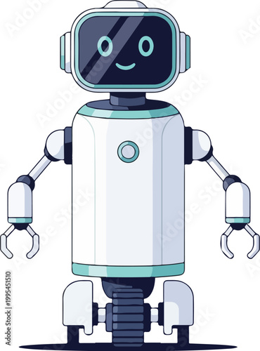 A white robot with teal accents and a smiling face standing alone