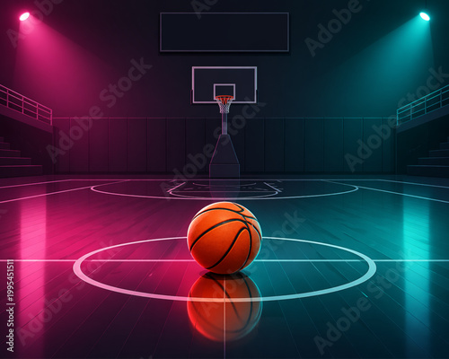 Basketball on Center Court with Neon Pink and Teal Lighting in Indoor Arena