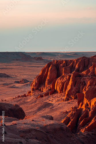 View Over Flaming Cliffs in Gobi Desert, Mongolia at Sunset Hour