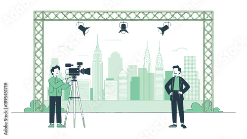 A cameraman films a businessman standing in front of a cityscape illustration with a green frame and birds flying overhead.