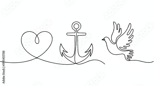 A minimalist line art illustration of a heart, anchor, and dove in flight.