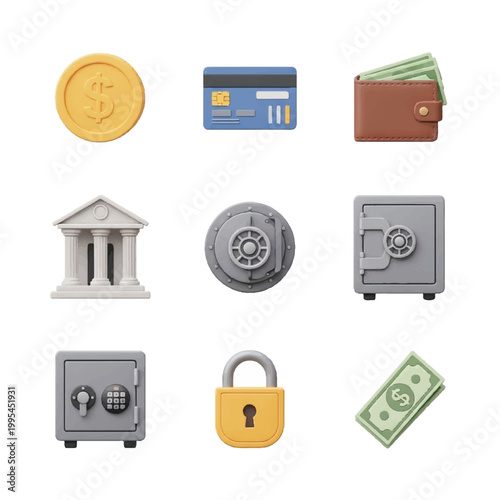 Financial Icons Representing Money Security and Banking Services.