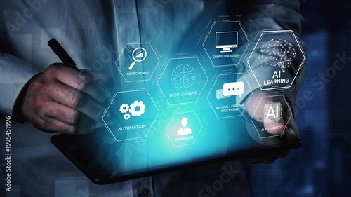AI learning system involves deep learning, supervised machine learning, and natural language processing. AI learning diagram shows how AI advances learn in automation and data processing. Muxer