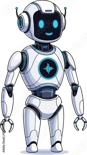 Friendly robot character with headset and star emblem on white background