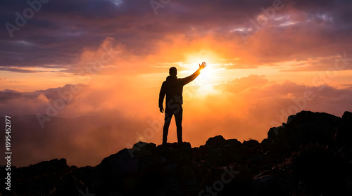 A lone figure embraces the radiant sunrise atop a majestic mountain peak, symbolizing personal triumph, spiritual freedom, and the endless pursuit of ambitious goals