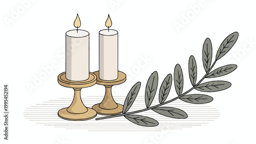 An illustration depicts two lit candles on golden candlesticks with a leafy branch beside them.