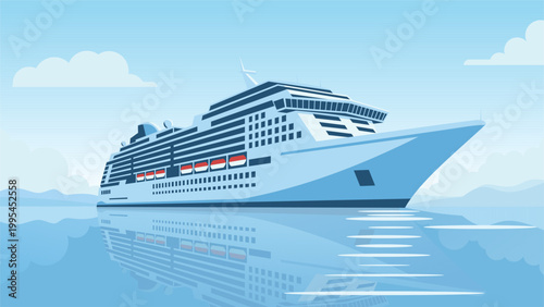 Luxury Cruise Ship Travel Sailing on Calm Ocean with Reflection Vector Illustration