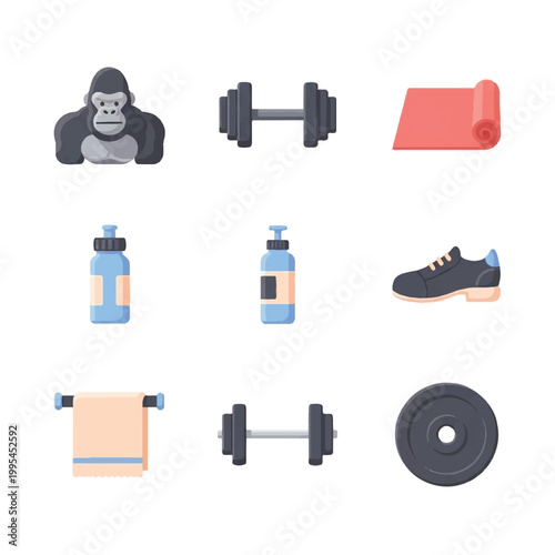 Fitness icons with gorilla and equipment.
