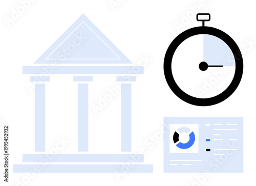 Financial institution concept. Visual elements show a bank building, clock, and analytics dashboard for time management and financial analysis. Financial planning, banking tools, investment tracking