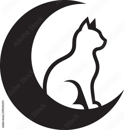 Cat inside crescent moon silhouette mystical night line art