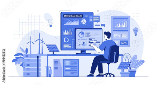 Renewable energy dashboard with analyst monitoring solar and wind power data analytics system