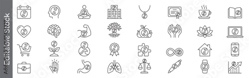 Wellness, balance and harmony icon set – editable outline symbols of yin yang, mindfulness, self care, holistic health and wellbeing