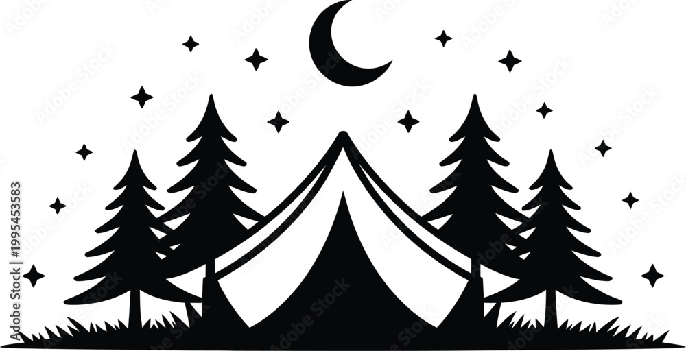 Obraz premium A black silhouette of a tent under the starry moon.