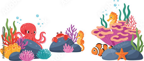 Kawaii Underwater Scene Icon Set Featuring Octopus, Crab, Seahorse, Fish, Starfish, and Coral for Fun, Ocean, and Marine Life Designs