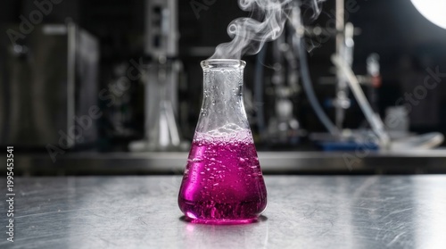 Glass Erlenmeyer flask with bubbling magenta liquid and white vapor
