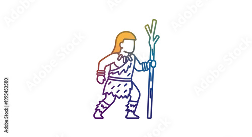 Caveman Holding a Wooden Stick, Prehistoric Man Character Icon
