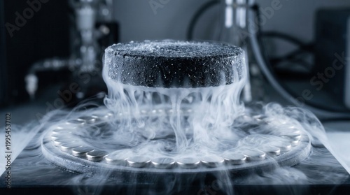 Black superconductor disc levitating above magnets with liquid nitrogen smoke
