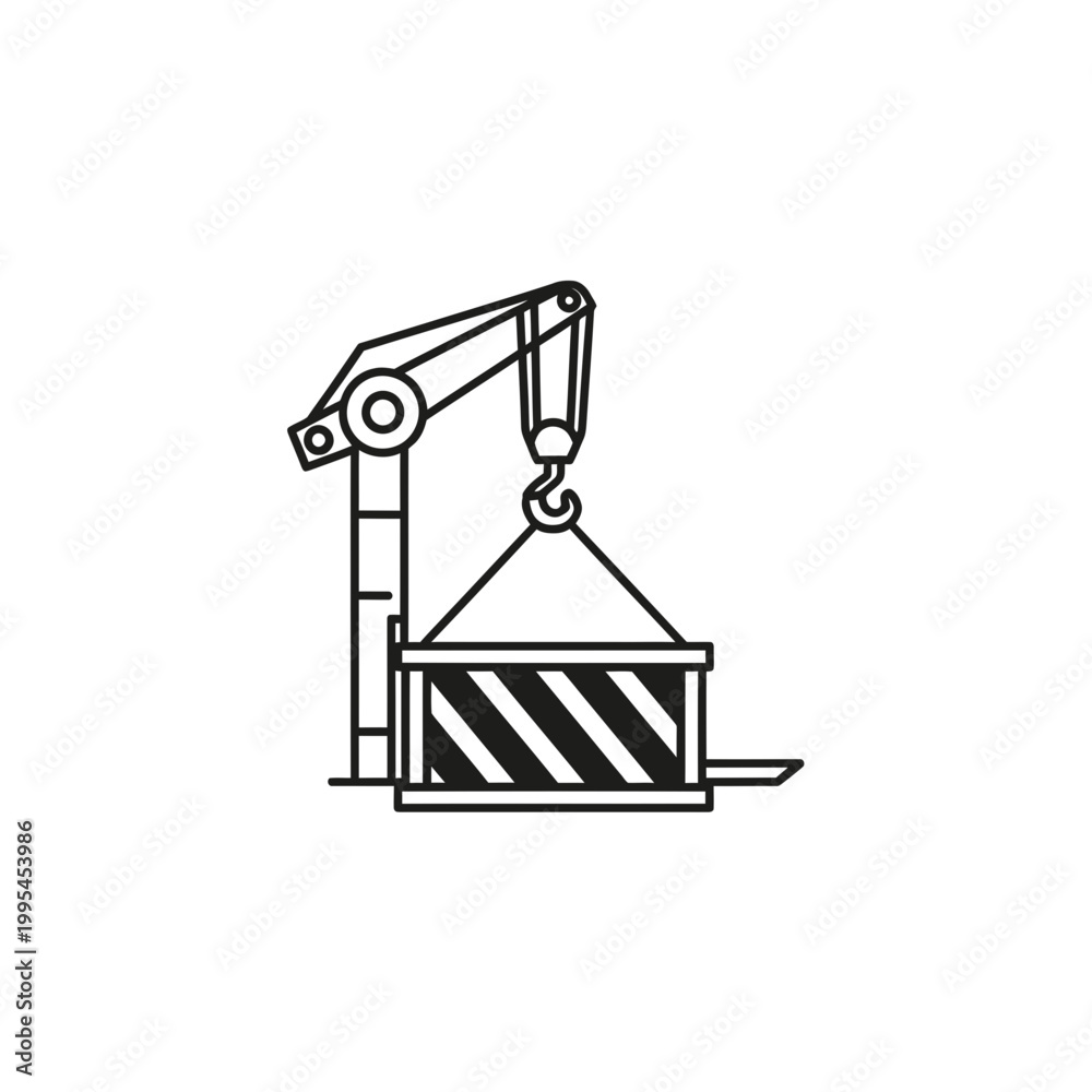 Obraz premium Industrial Crane Lifting Shipping Container Vector Line Art Icon