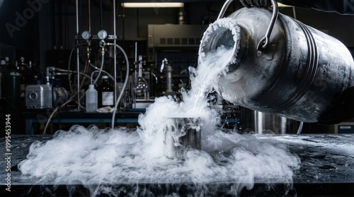 Heavy white liquid nitrogen vapor cascading over dark laboratory table